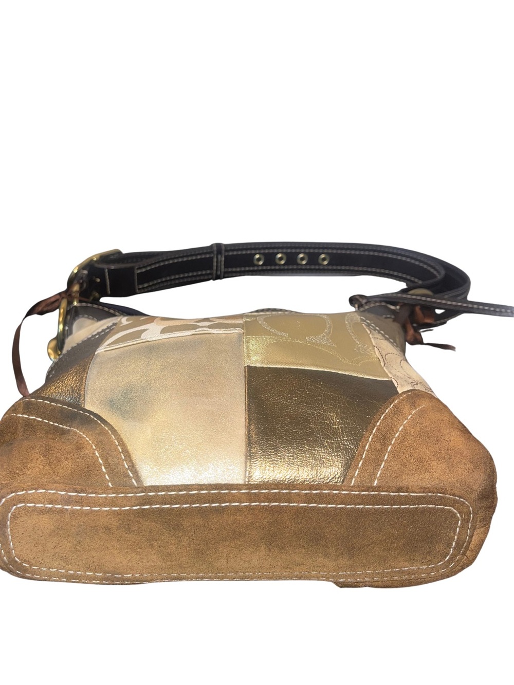 Coach Patchwork Suede Metallic Beige & Brown Crossbody Bag - Picture 6 of 12